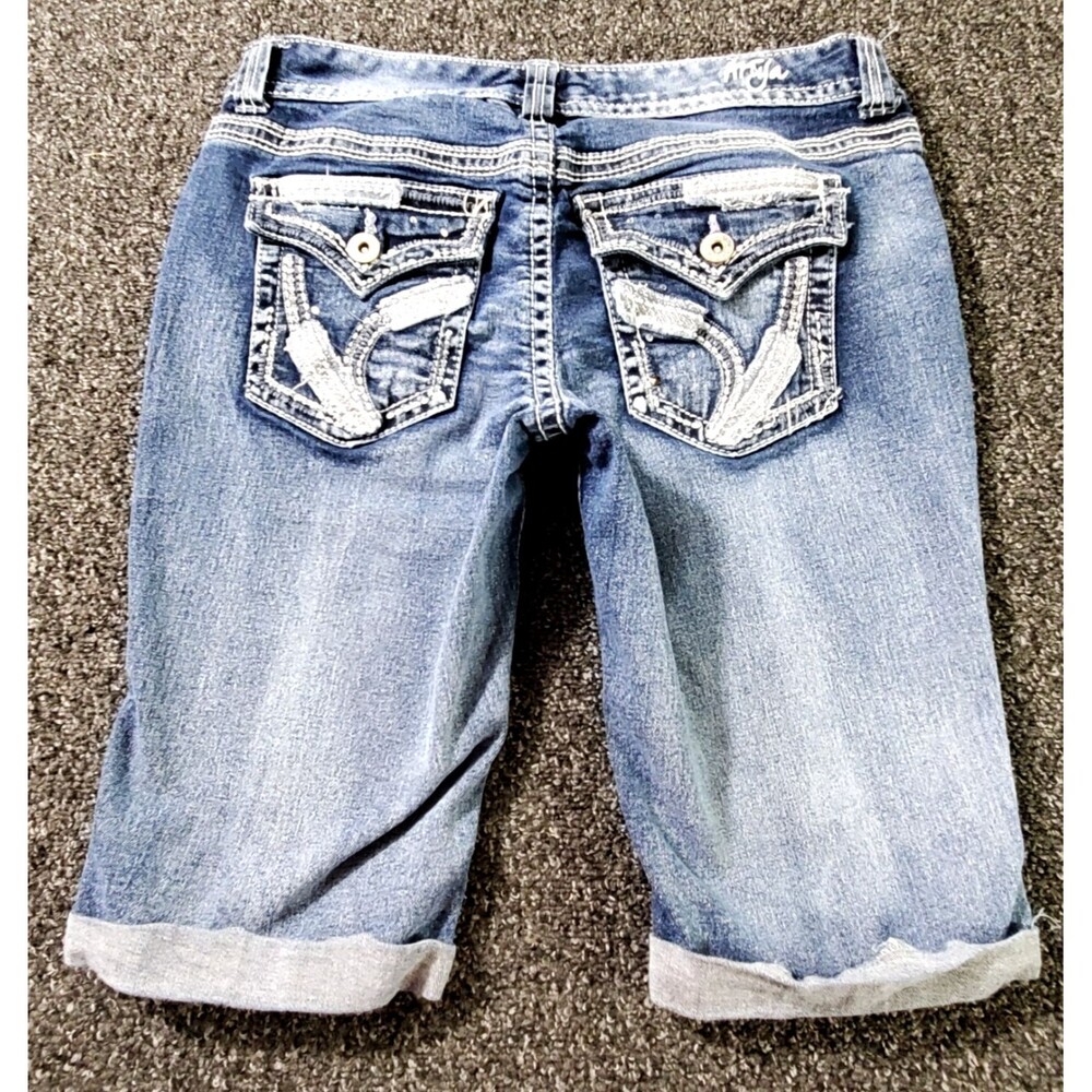 Ariya Jeans Bermuda Shorts Womens 3 Cuffed Denim Embellished Flap Pockets Stetch